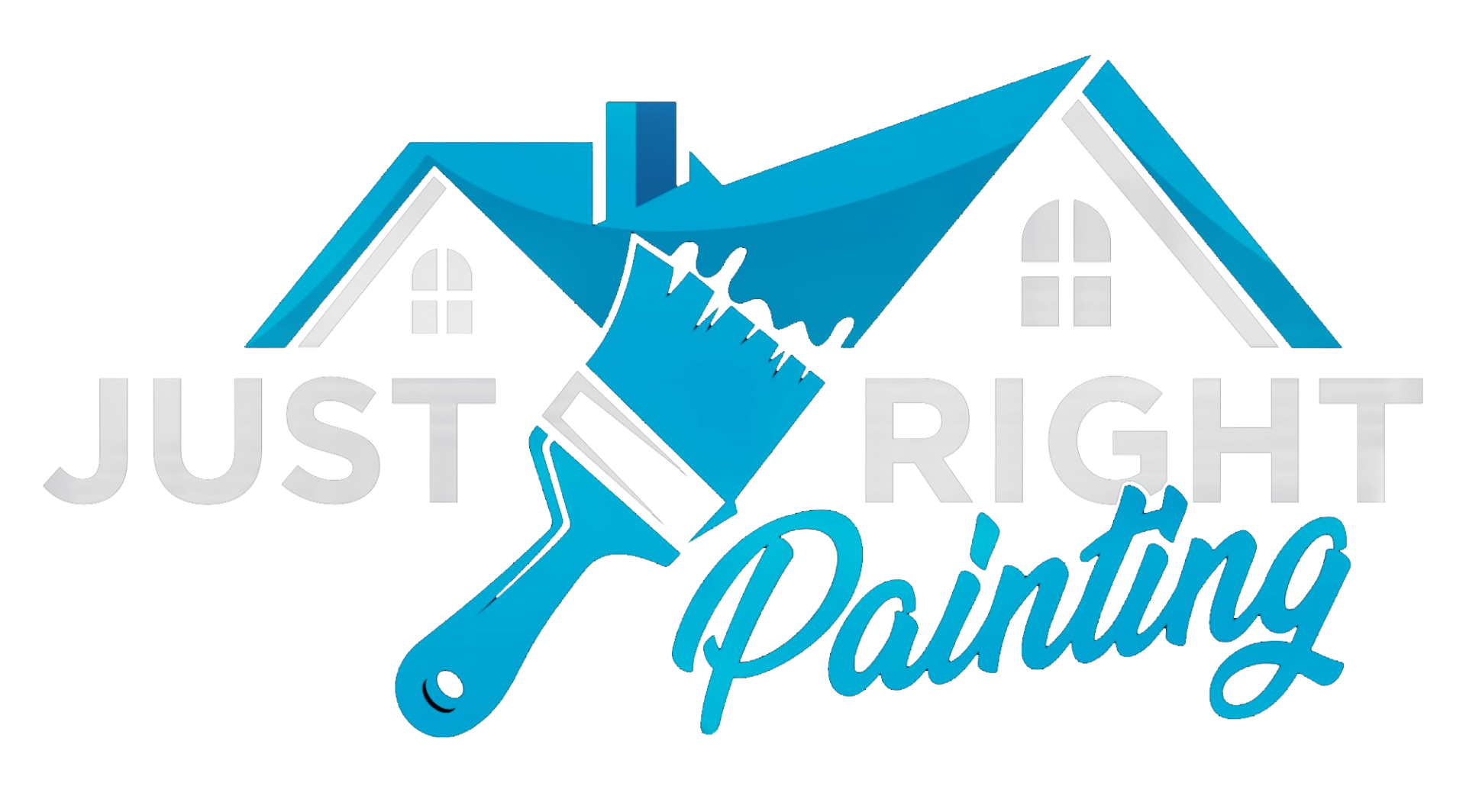 Logo for Just Right Painting featuring a dynamic blue paintbrush over a stylized house, designed to stand out on dark backgrounds.